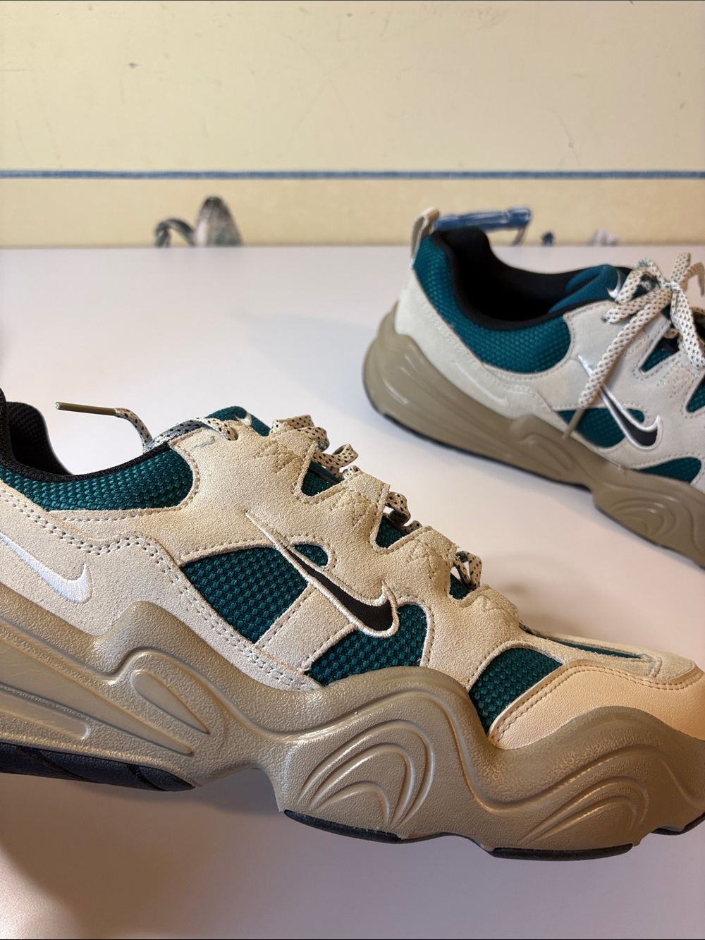 Size- 11.5 Nike Teal and Beige Chunky Lace-Up Sneakers - Picture 2 of 10